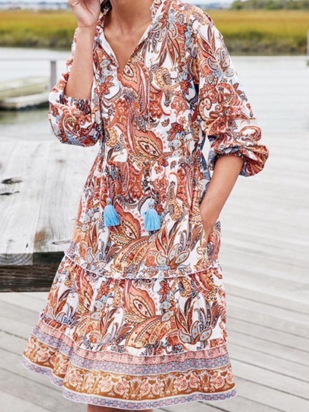 Soft Surroundings Coral Paisley Boho Tiered Dress in Rust & Cream NWT